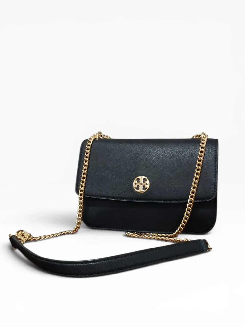 Tory Burch Robinson Chain Crossbody Convertable Bag Gently Loved Black W/ Gold